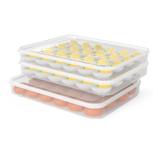 Deviled Egg Containers with Lid, (Set of 3), Plastic Egg Holder for Refrigerator for 72 Eggs, Clear Storage Deviled Egg Carrier Tray, Fridge Stackable Countertop Portable Egg Platter - color: Clear, size: 72 Eggs