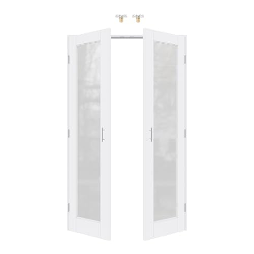 48x80 Interior French Door,1-Lite Frosted Glass Doors,DIY Prehung Room Door | Prefinished & Paintable Double Doors with Ball Catches & Hinges & Handles,Tempered Frosted Glass,Interior Swing Closet Door - color: Full Frosted Glass, size: 48" x 80"