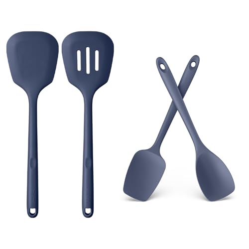 U-Taste 600ºF Heat Resistant 13.6in Long Solid & Slotted Silicone Turner and 600ºF Heat Resistat Silicone Flexible Baking Spoon Spatula & Cooking Scoop Spoonula (Midnight Blue)