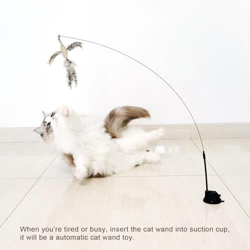 TTcat Suction Cup Cat Toy Wand, 2 in 1 Handheld & Free Standing Interactive Cat Teaser with 8 Pcs Replaceable Feather Bird Insect Refills, Long Flexible Wire Cat Wand Toy for Indoor Cat Self Play. - color: Luxury Suction Toys (8 Refills）