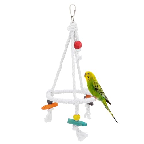 Hypeety Bird Swing Cotton Rope Round Hanging Hammock Perch Toy for Parakeet | Durable stainless steel ring with colorful beads, easy-hanging, stable ring struction, for budgies/conures/quakers, white