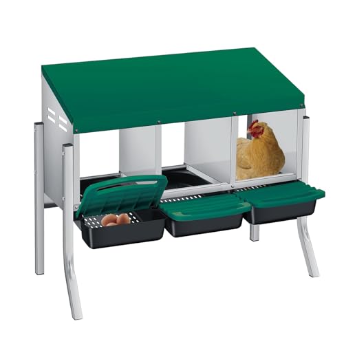 3 Hole Chicken Nesting Boxes, Weatherproof Galvanized Steel Chicken Egg Laying Box with Automatic Rollout Egg Collection, 2-in-1 Handle Perch, Easy Clean & Quick Assemble for Chicken Coop - color: Green, size: 30.7"L x 20.1"W x 20.1"H