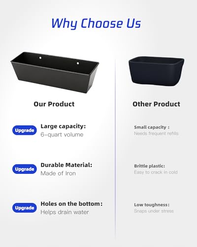 3-Pack 6 Qt Metal Hanging Feed Troughs for Goats, Ducks and Livestock | Rust-resistant iron, 4 drain holes with plugs, fence or wall mount hardware, for sheep, piglets, poultry and dry feed