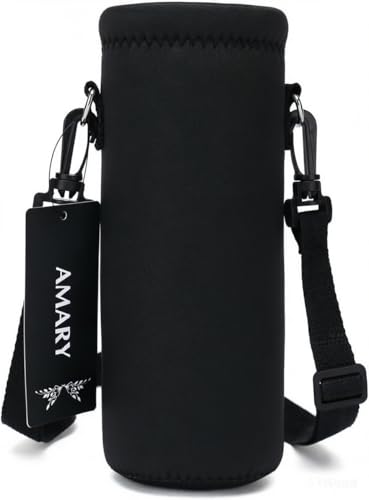 AMARY 500ML Neoprene Water Bottle Carrier Bag with Adjustable Shoulder Strap,Insulated Water Bottle Cover for Stainless Steel/Glass/Plastic Bottles 16.9OZ (Black) - color: Black