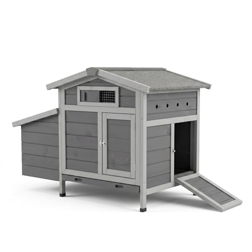 Gray Wooden Outdoor Chicken Coop with Asphalt Roof, Pull-Out Tray, Nesting Box and Latch-Secured Double Doors