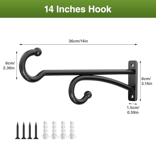 pickpiff 14-Inch Plant Hooks for Hanging Baskets: Plant Hangers Outdoor Indoor, Planters Wall Brackets for Hanging Plants, Bird Feeders, Wind Chimes, Bird Houses, Flower, Metal, Black - color: Black, size: 14 Inch