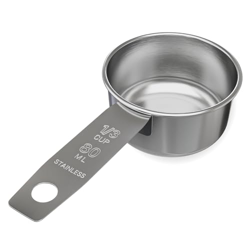1/3 Cup Stainless Steel Measuring Cup | Sturdy Metal 80 ml | 80 cc | 3 oz | Single Cup for Wet and Dry Ingredients | Great for use as 1/3 Cup Dog Food Scoop - 1 PK - size: 1/3 Cup