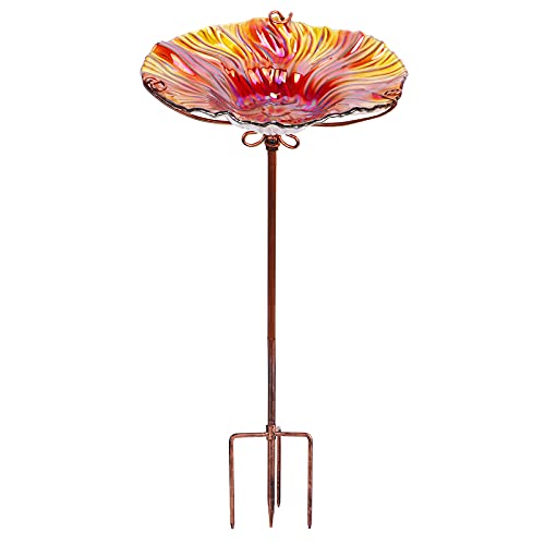 Glass Bird Bath for Outside, Red Bird Feeder Birdbaths for Oudoors | 26 Inch Red Bird Baths Combines Garden Decor & Bird Feeder Functions, Stable Four-Prong Stake, Easy to Install and Clean - color: Red
