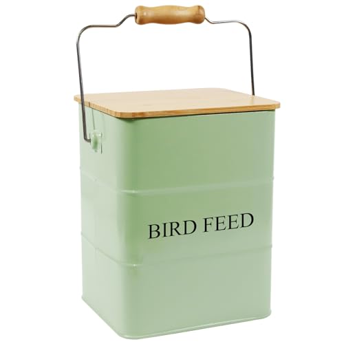 Metal Bird Seeds storage container,Outdoor Bird Container Canister, Pet Food Bin with Wooden Lid/Handle/Food scoop,hold 5-6 Lbs of Wild Bird Seed Sunflower Seed-Preventing Squirrels-Green - color: Green