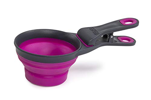 Dexas Popware for Pets Collapsible Klip Scoop, 3-in-1 Pet Food Scoop, Measuring Cup and Bag Clip, 1 Cup Capacity, Fuchsia - color: Fuchsia, size: 1 Cup Capacity
