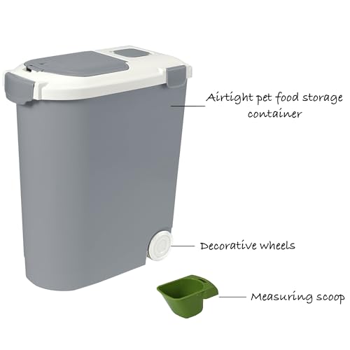 Ashfield & Harkness Airtight Pet Food Storage Container, Holds 30lbs | Grey BPA-free HDPE bin with silicone seal, measuring scoop on lid, snap latch - fits dogs, cats & more - color: Grey, size: 30 lbs