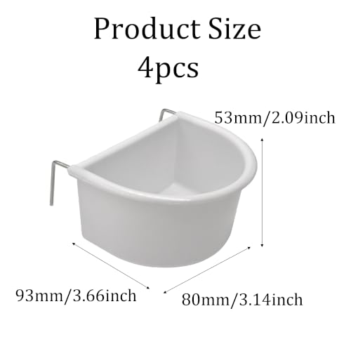 2Pcs Plastic Bird Cage Feeder Cup with Metal Hanging Hooks, Food and Water Bowl for Parakeets, Budgies, Parrots and Small Birds(White)