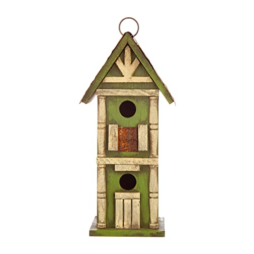 Glitzhome 12.75" H Hanging Green Two-Tiered Distressed Wooden Garden Bird House - color: 12.75"H Two-Tiered
