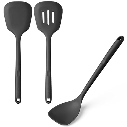 U-Taste 600ºF Heat Resistant 13.6in Long Solid & Slotted Silicone Turner and 600ºF Heat Resistant 13.76" Long, 3.63" Wide Wok Spatula for Kitchen Stir Fry (Black)