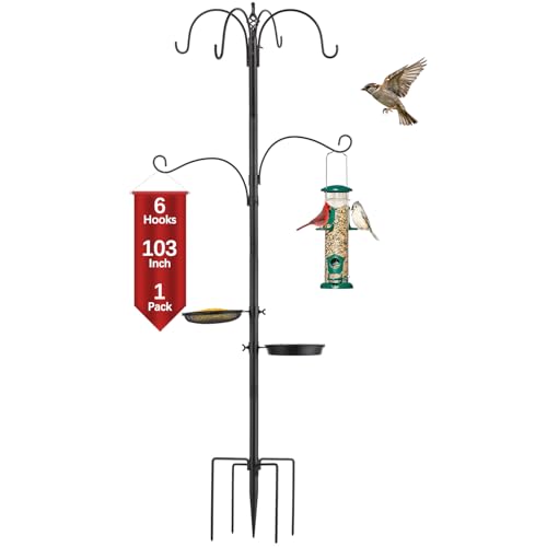 Camii 103 in Bird Feeding Station Kit, 6-Hook Wild Bird Feeder Stand Pole, Steel Multi-Feeder Pole with 5-Prong Base, Mesh Tray, Bird Bath for Attracting Wild Birds
