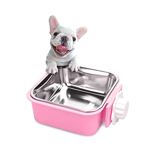Crate Dog Bowl,Removable Stainless Steel Water Food Feeder Bowls Crate Coop Cup,Pet Cage Bowls with Bolt Holder for Cat, Puppy, Birds, Rats, Rabbits Small Animals ((Blue+Pink) Square, Samll) - color: (Blue+Pink) Square, size: Small