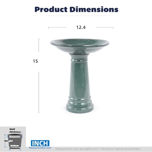 Ceramic Pedestal Bird Bath for Outside, 15 x 12 Inch, Green | Glazed Finish, Easy Twist-to-Lock Assembly - color: Green