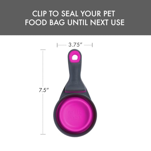 Dexas Popware for Pets Collapsible Klip Scoop, 3-in-1 Pet Food Scoop, Measuring Cup and Bag Clip, 1 Cup Capacity, Fuchsia - color: Fuchsia, size: 1 Cup Capacity