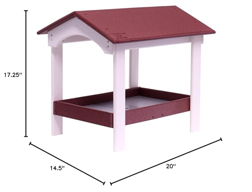 Ground Bird Feeder, Deluxe Fly-Through Covered Feeder for Birds and Squirrels with Screen Mesh Tray (Cherry Wood/White) - color: Cherry Wood/White