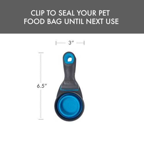 Dexas Popware for Pets Collapsible Klip Scoop, 3-in-1 Pet Food Scoop, Measuring Cup and Bag Clip, 1/2 Cup Capacity, Pro Blue - color: Pro Blue, size: 1/2 Cup Capacity
