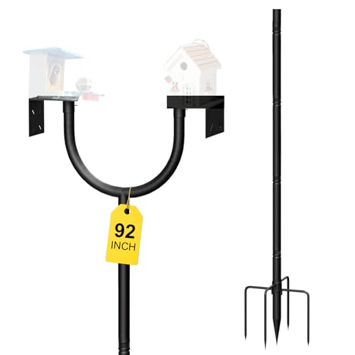 92 Inch Bird Feeder Pole 2 Platform Outdoor Support Stand | Multi-purpose pole fits bird houses, feeders and various outdoor supplies，Heavy duty sturdy metal structure - color: Black-A