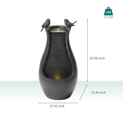 25" Outdoor Water Fountain - Durable Polyresin Bird Bath Style Waterfall with LED Lights & Adjustable Pump, Serene Water Fountain Outdoor for Garden, Patio, Deck, and Backyard Decor (25.59") - size: 25.59"