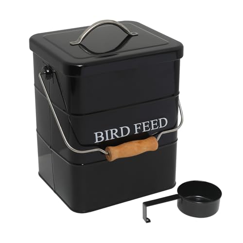 Bird Seed Storage Container Airtight,5~6LB Metal Bird Food Container with Scoop,Wild Birds Feed Tin for Storing Sunflower Seed-Ideal for Outdoor or Indoor-Squirrel proof -Black - color: Black