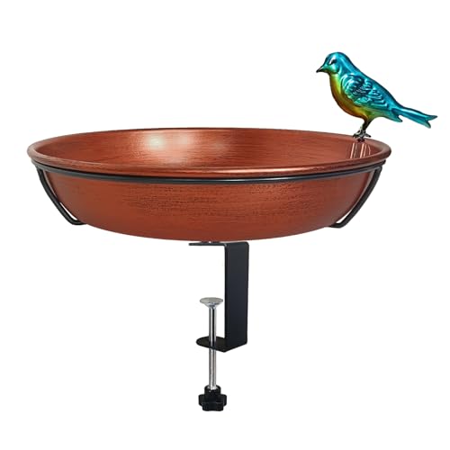 Deck Bird Bath for Outdoors, 11" Copper Metal Birdbath Bowl with Adjustable Big Steel Clamp Backyard Bird Bath&Bird Feeder for Railing Balcony Fence Yard Art Garden Decor - color: Antique Copper