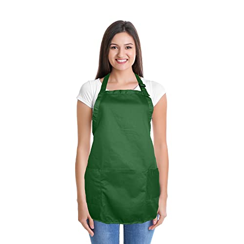 DALIX Apron Commercial Restaurant Home Bib Spun Poly Cotton Kitchen Aprons (2 Pockets) in Dark Green - color: Dark Green