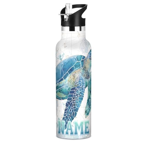 Custom Name Sea Turtle Pattern Water Bottle for Men Women Personalized Text Insulated ‌Stainless Steel Water Bottle with Straw Lid for School Sport 20 Oz - color: custom sea turtle pattern