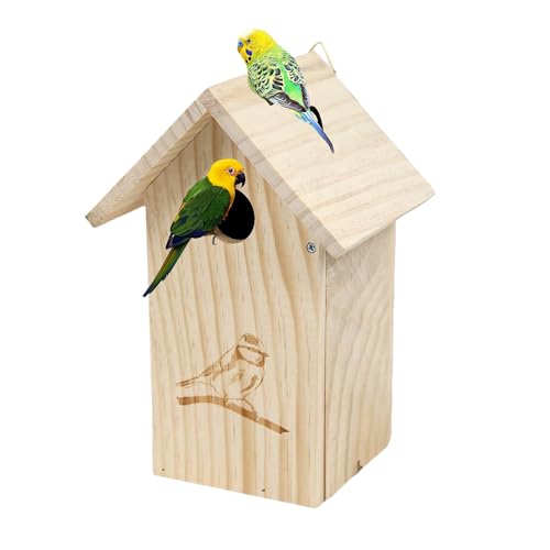 Wooden Bird Houses for Outside Hanging, Decorative Outdoor Clearence Birdhouse for Bluebird, Wren, Chickadee, Natural Wood & Colorful Roof, Ventilation