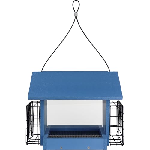 Hopper Hangout Recycled Plastic Hopper Bird Feeder with Latching Suet Cages & Fresh Seed Tray for Wild Birds and Outdoor Décor, 3 Quart Capacity, 2 Suet Cake, Blue