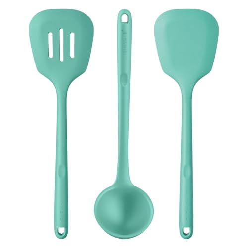 U-Taste 600ºF Heat Resistant Solid and Slotted Turner for Egg, Pancake and 13 inch Large Non-Stick Silicone Soup Ladle (Set of 3, Aqua Sky)