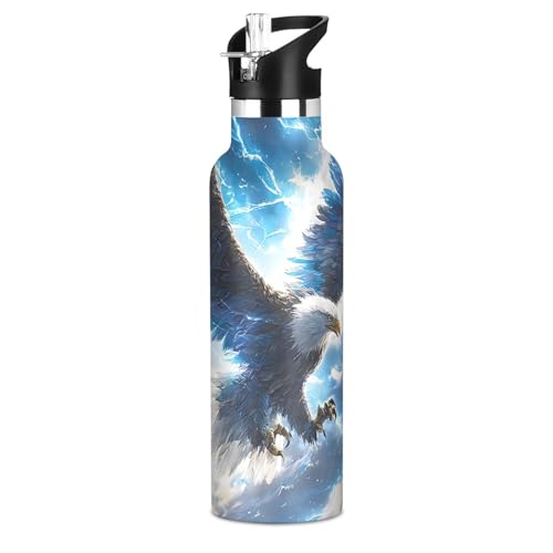 Eagle Water Bottles for Boys Eagled Leakproof Insulated Flask Jug Insulated Stainless Steel Travel Mugs Thermos Bottle Cups with Straw Lid for Sport 600ml - color: white bird soaring sky