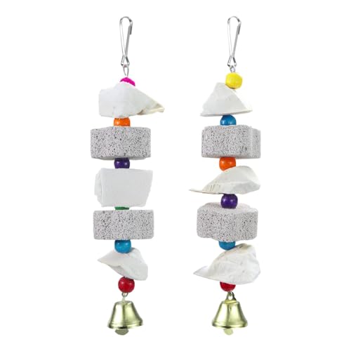 2Pcs Bird Beak Trim Cuttlebone Calcium Stone Lava Block Chew Toy Grinding Teeth Natural Minerals with Bell for Parakeet Conure Lovebird Cockatiel Finch Canary Hamster Chinchilla Rabbit
