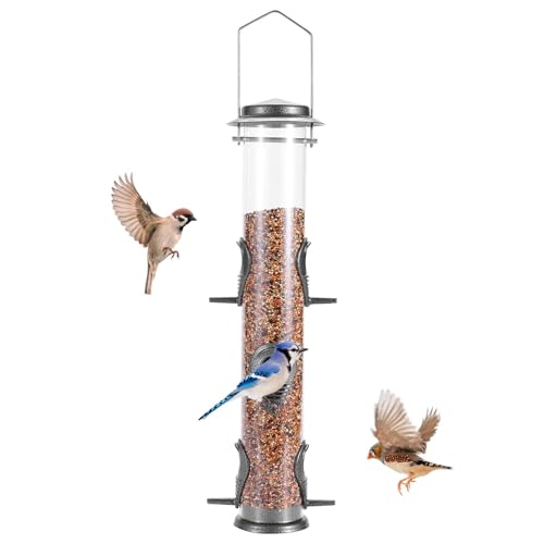 1PK Metal Bird Feeders with 6 Feeding Ports,Tube Bird Feeder with Steel Hanger,Hard Plastic Wild Bird Feeder for Outdoors Hanging, Attracting Birds in Your Lawn, Garden, Balcony-Grey - color: Grey 1 PACK