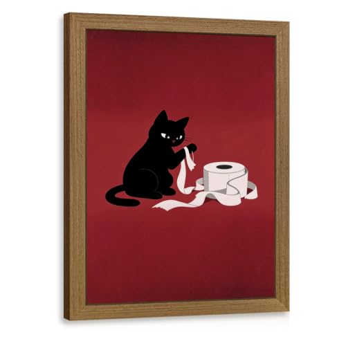 GELDSTEI Wood Framed Vintage Black Cat Funny Bathroom Wall Art 8x10 in | Playful Toilet Paper Black Cat Wall Decor, Humorous Bathroom Art Print, Unique Gift for Cat Lovers and Pet Owners - color: Cat, size: 10"L x 8"W