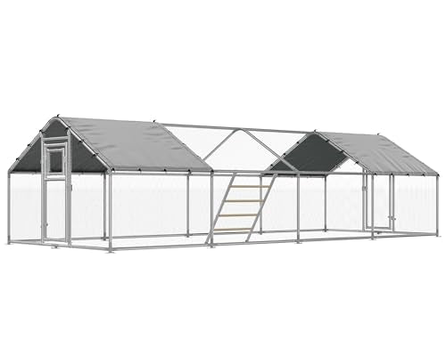 26x10 FT Extra Large Walk-in Chicken Coop with Spire Roof Cover | Front and rear doors, feeding door, roosting ladder and galvanized frame support easier poultry care and access - size: 298.4"L x 118.1"W x 77.6"H