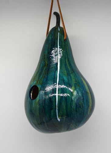 Blue Striped Handmade Gourd Birdhouse, 9–11" Tall | Ink Dyed Natural, 1.5" Entrance Hole for Wrens, Chickadees & Bluebirds, Hanging Garden Decor, With Drainage
