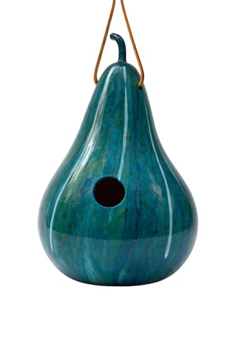 Blue Striped Handmade Gourd Birdhouse, 9–11" Tall | Ink Dyed Natural, 1.5" Entrance Hole for Wrens, Chickadees & Bluebirds, Hanging Garden Decor, With Drainage