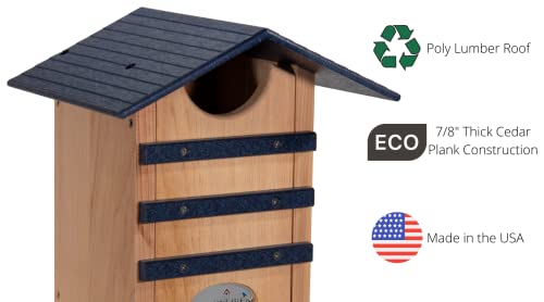 Screech Owl House Cedar Nesting Box with Poly Lumber Roof, Saw-Whet Owl Box for Outside, Drainage Ventilation, Easy Cleanout, Made in USA, Blue - color: Blue