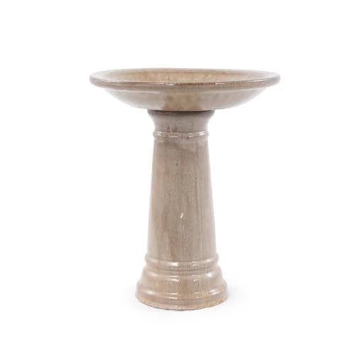 Ceramic Pedestal Bird Bath for Outside, 15 x 12 Inch, Light Khaki | Glazed Finish, Easy Twist-to-Lock Assembly - color: Light Khaki