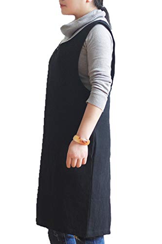 Cotton Linen Japanese Apron Halter Cross Back Bandage X Shape Aprons Two Pockets - color: Black
