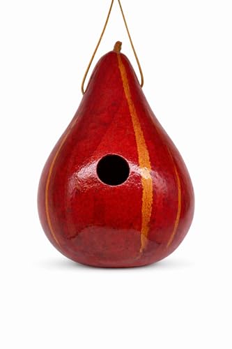 Red Striped Handmade Gourd Birdhouse, 9–11" Tall | Natural Bird House for Outdoors, 1.5" Entrance Hole, For Wrens, Chickadees & Bluebirds, Hanging Garden Decor