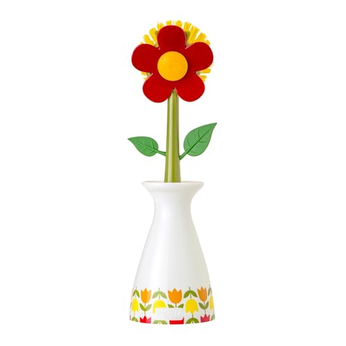 Vigar Flower Power Dish Brush with Handle and Stand - White, Red | Flower-Shaped, Dish Scrubber for Dishes, Dishwashing Brush, Kitchen Scrub Brush, Kitchen Essentials - color: Red
