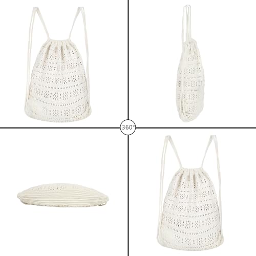 Lobagve Handmade Crochet Cotton Drawstring Backpack Boho Purse Leisure Daypack - color: Hollow Out-white