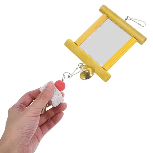 Yardwe Bird Cage Toys 2Pcs Hanging Mirror Toys with Bells and Pecking Blocks for Parrots Chickens Roosters Interactive Chew Toys for Bird Cage