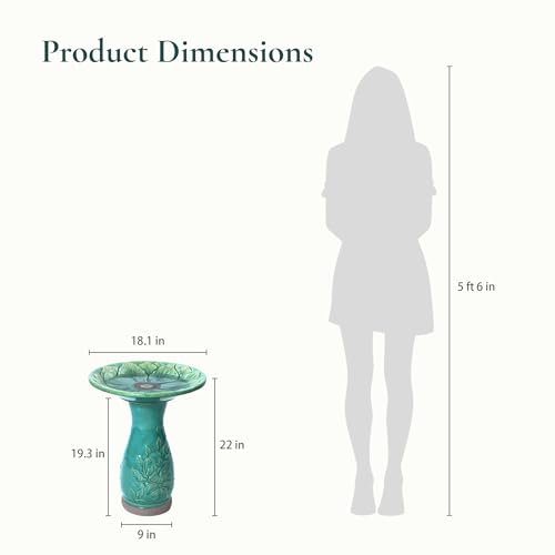 LuxenHome 23" Ceramic Bird Bath for Outside, Jade Green Outdoor Bird Bath | Lightweight Pedestal Glazed Birdbaths for Outdoors with Floral Embossed Design, Elegant Tall Outdoor Birdbath - color: Jade Green