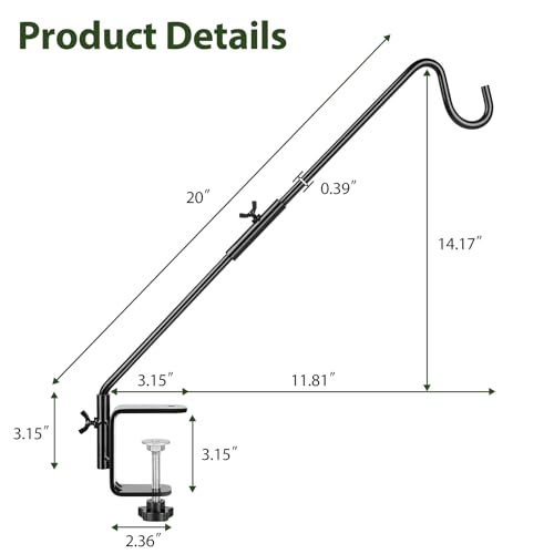 Deck Hook, 20 Inch Bird Feeder Hanger for Hummingbird Feeders, Black | Heavy Duty, Metal Hanger for Planters, Lanterns, Wind Chimes, Holiday Decorations, 360° Rotatable Arm, Gifts for Women Men - size: 20inch