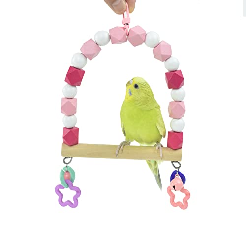 Small Bird Swings for Cage, Parrot Wooden Stand Perches Climbing Toys | Colorful Wood Beads with Bell,Parakeets Chewing Toy, Budgies Lovebirds Birdcage Playground Accessories - color: pink